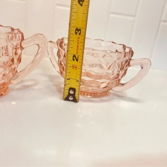 Vintage Pink Glass Cream and Sugar Set Diamond pattern - Picture 3 of 6